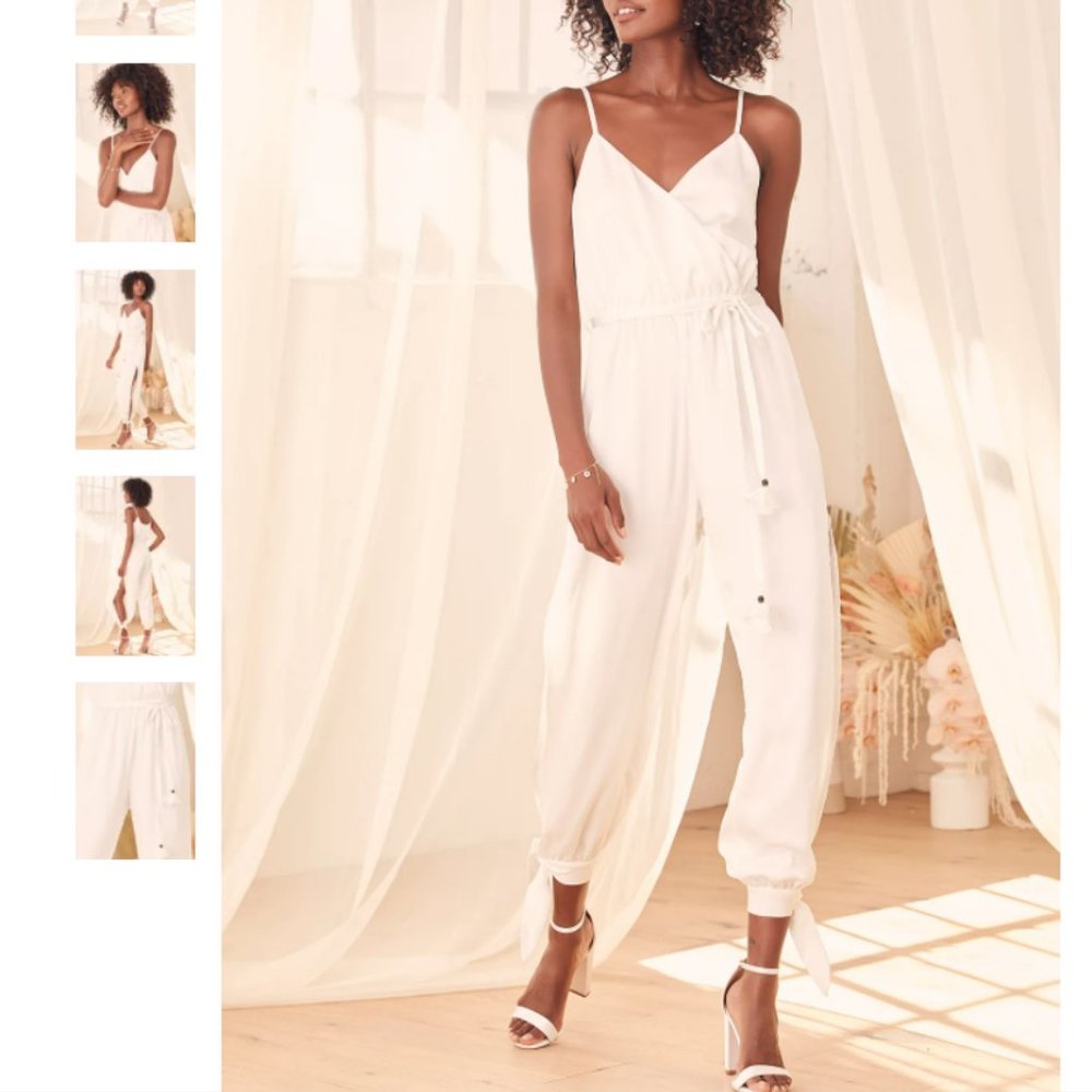 Lulus White Satin Jumpsuit - "Lovely As Can Be White Satin Surplice Jumpsuit"